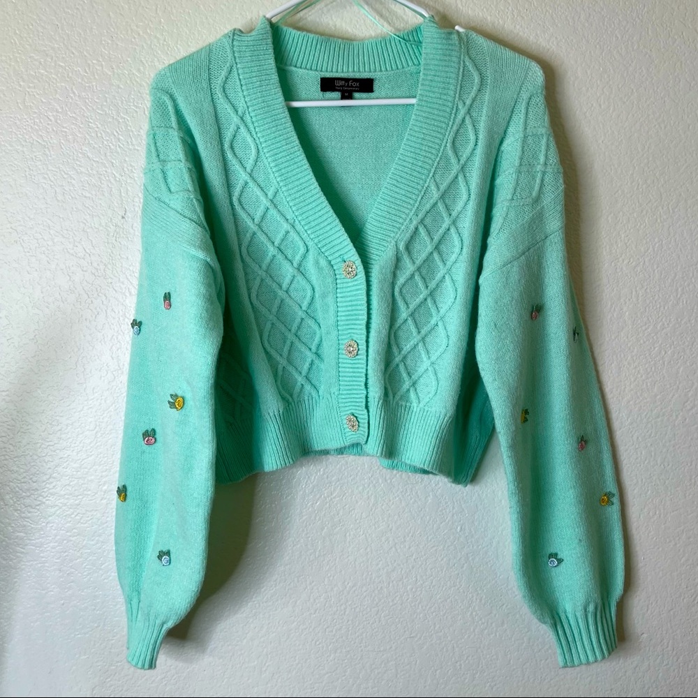 Teal Blue Knit Sweater with Flowers
